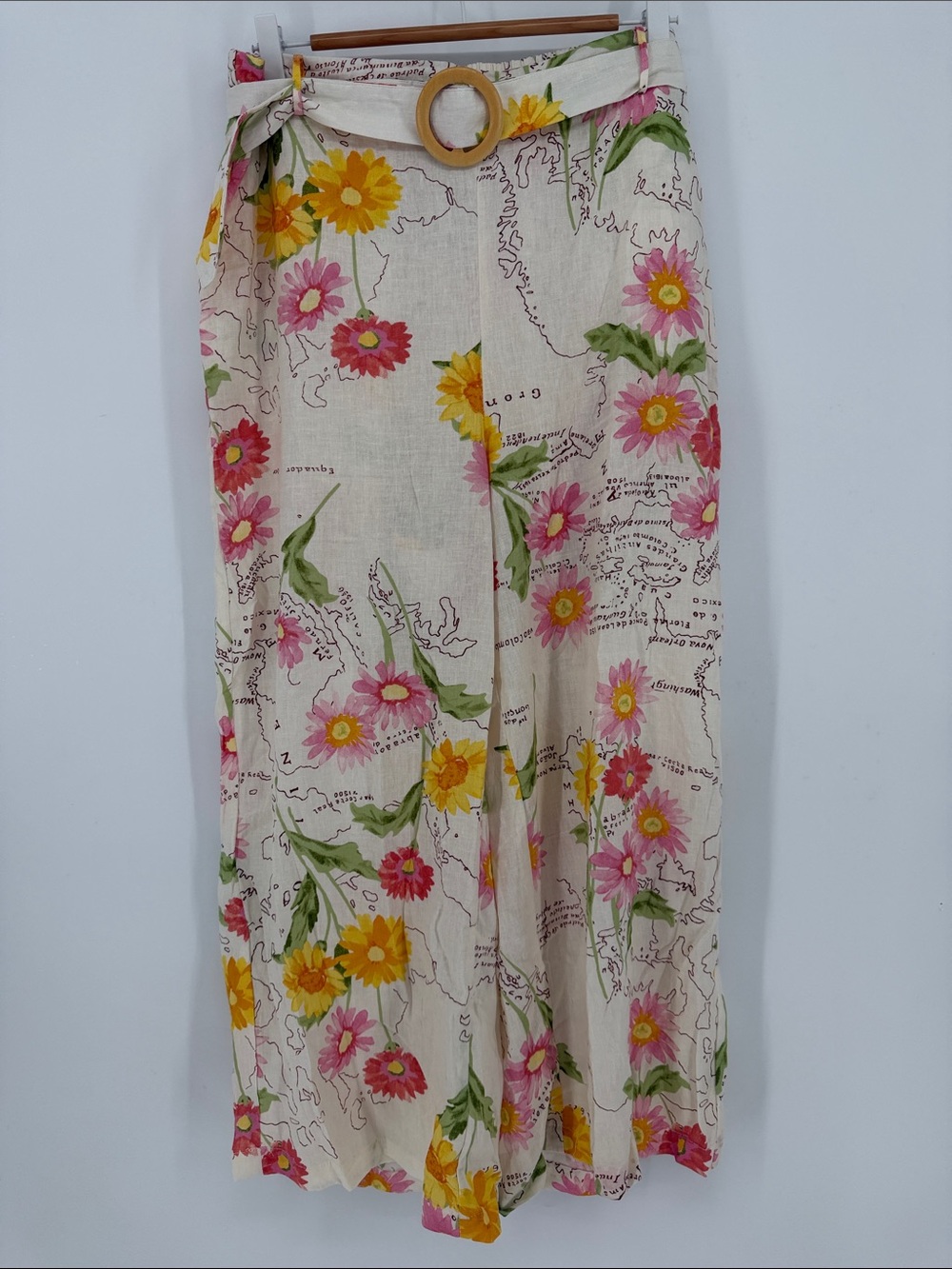 Calypso St. Barth Floral Map Print Linen Blend Wide Leg Pants Belted XL